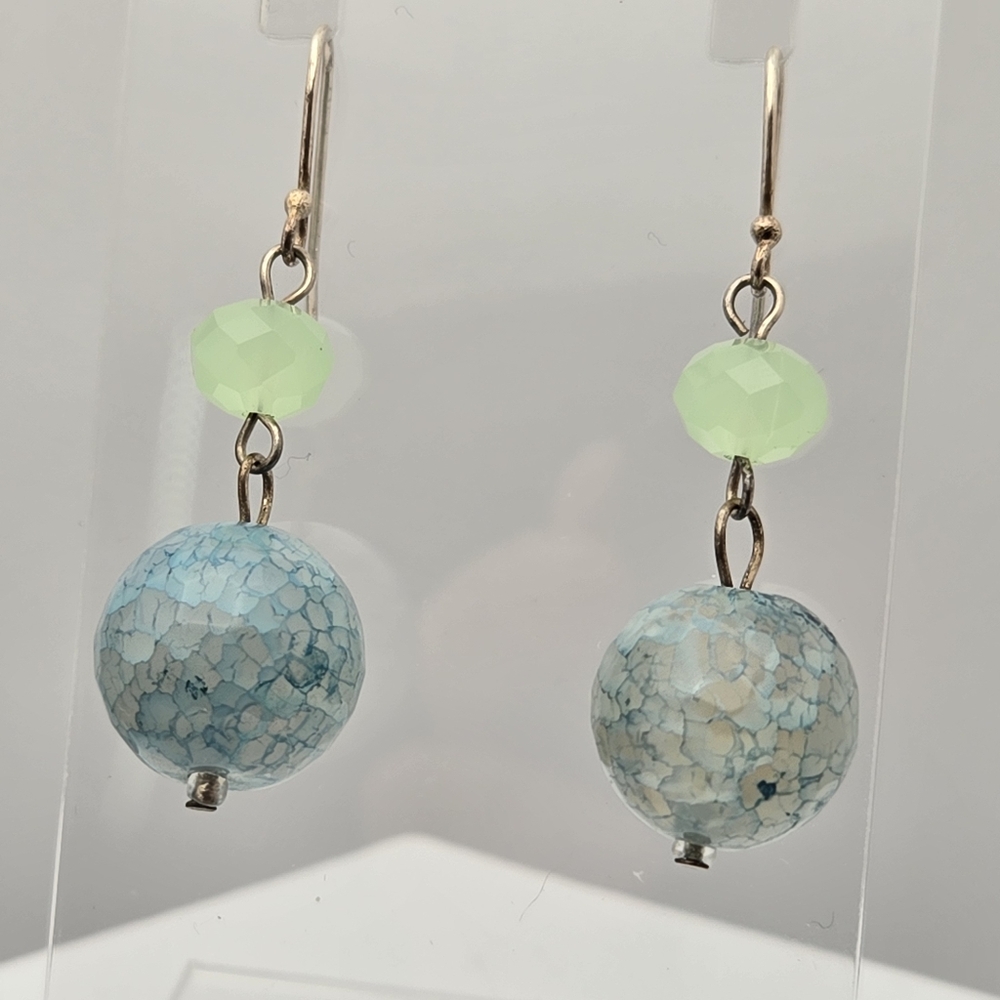 Handmade Crackle Agate Earrings Blue Green Gemstone 925 Sterling Silver Hooks